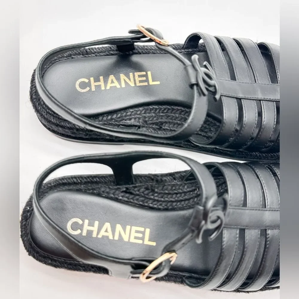 CHANEL 2024 CC Logo Black Leather Fisherman Rope Sole Dad Sandals Flats EU 37